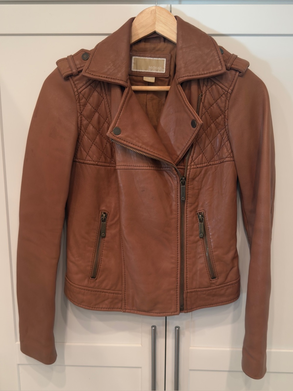 Michael Kors Quilted Brown Leather Moto Jacket Size XS